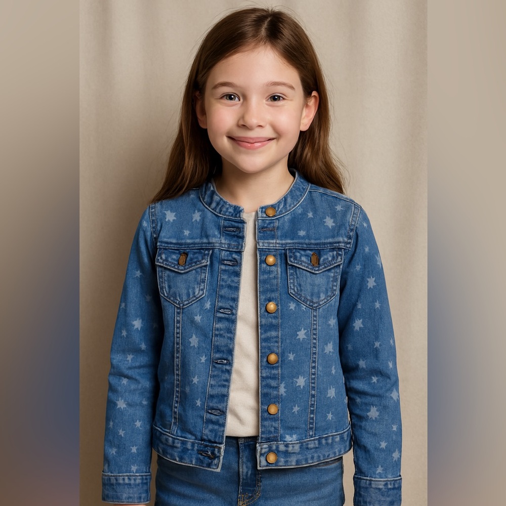 Lands' End blue preppy spring summer cute Denim Jacket with stars sz 10 girls - Picture 4 of 4